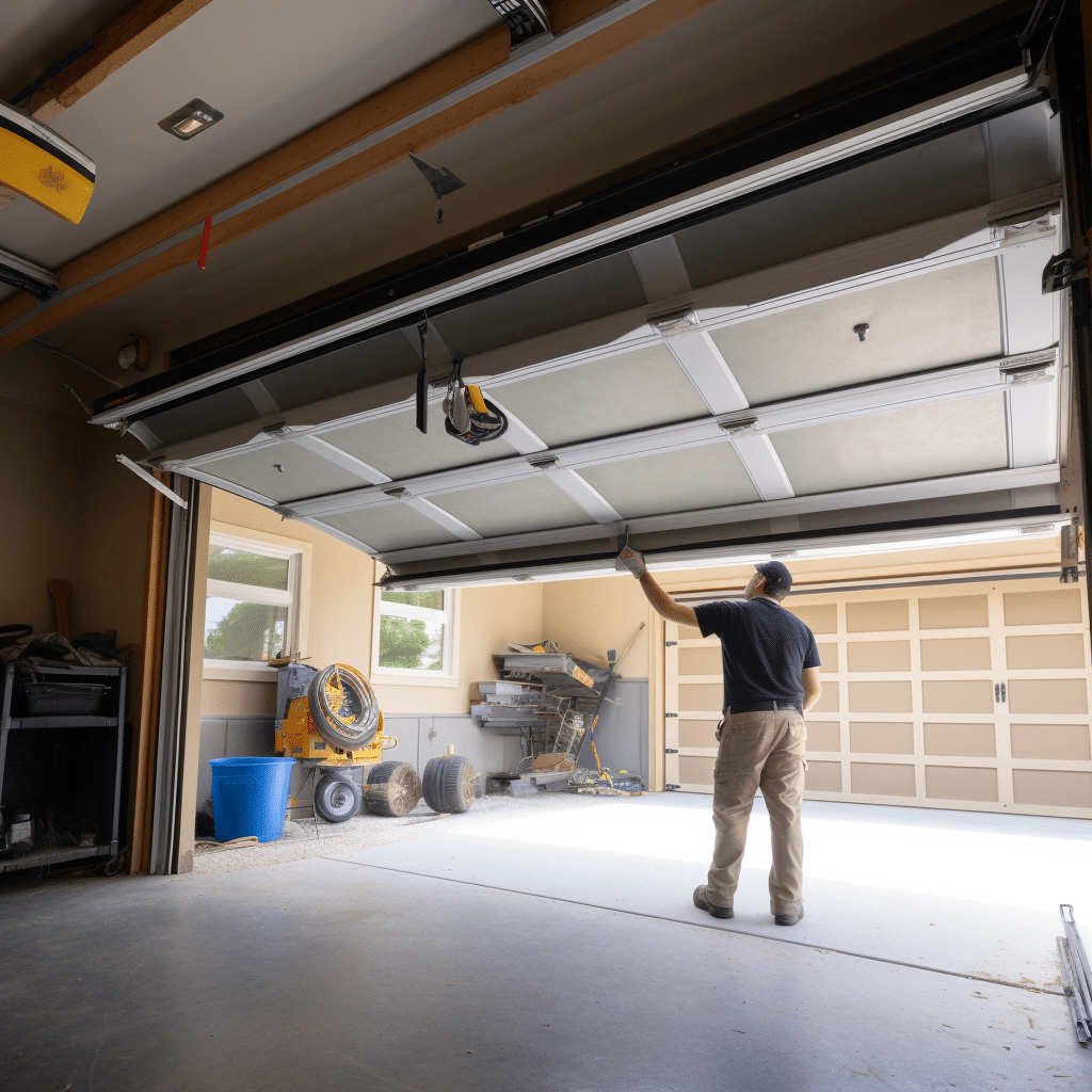 Technician servicing garage door from inside